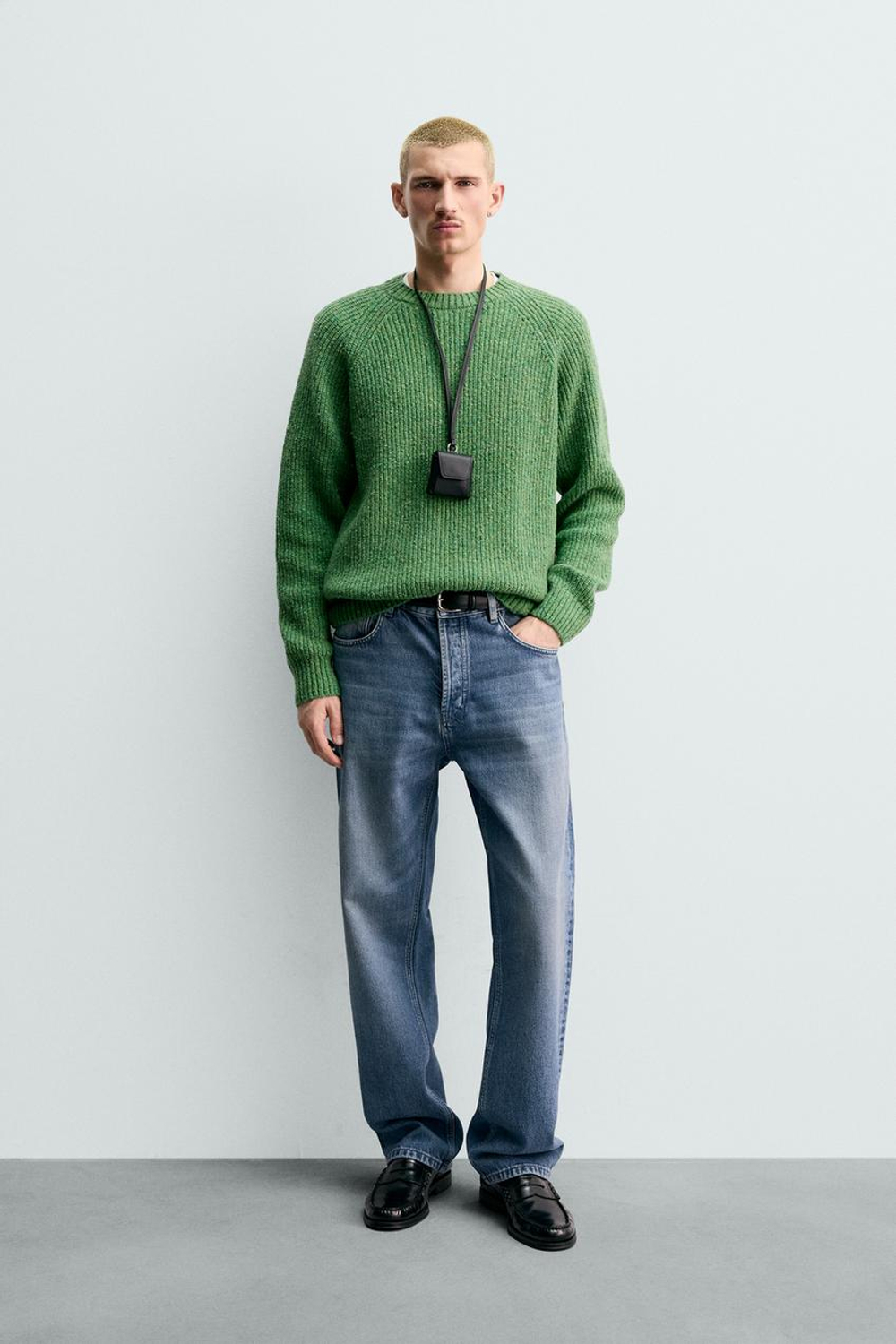 ZARA СВИТЕР ИЗ ЖЕМЧУЖНОЙ ВЯЗКИ, ЗЕЛЕНЫЙ