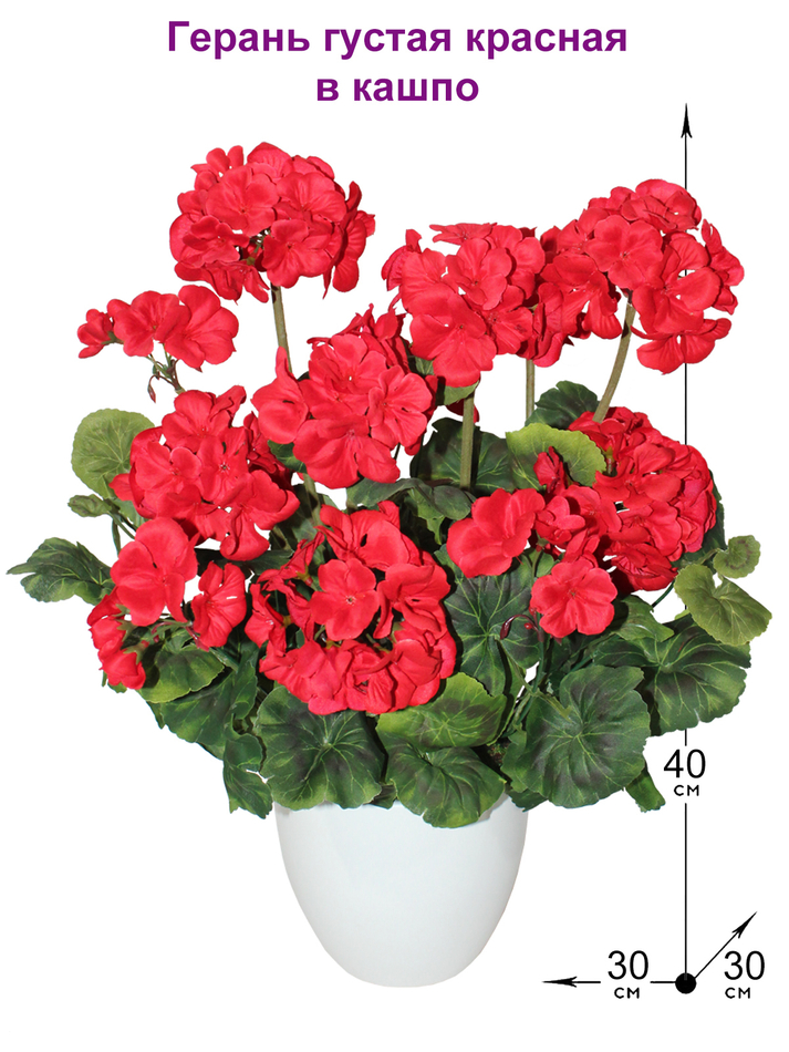 Искусственные цветы Герань красная густая 40см в белом кашпо