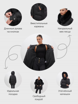 Куртка зимняя женская с мехом и капюшоном тренд черного цвета 7608Ch