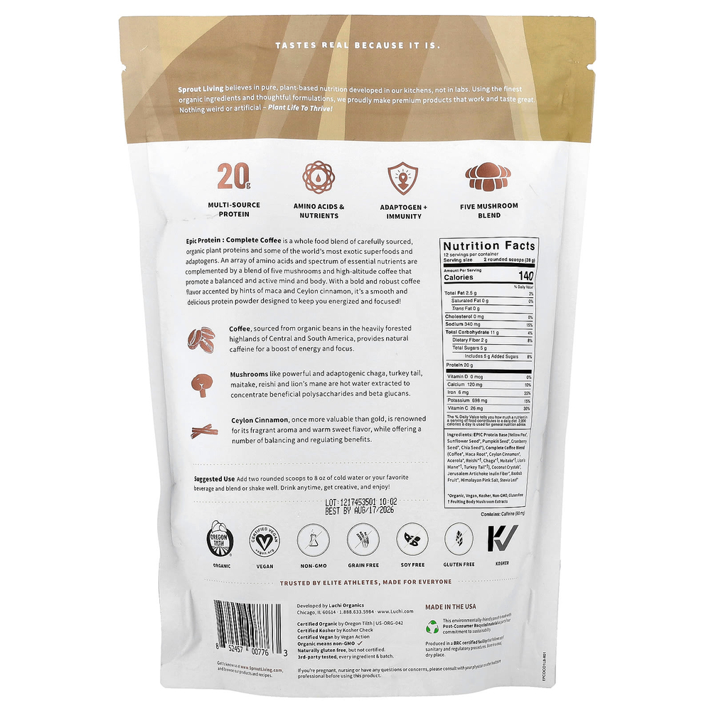 Sprout Living, Epic Protein®, органический растительный белок с адаптогенами, полноценный кофе, 456 г (1 фунт)