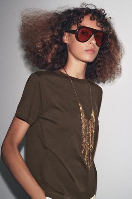 ZARA ФУТБОЛКА ИЗ МЕРСЕРИЗОВАННОГО ХЛОПКА, КОРИЧНЕВЫЙ