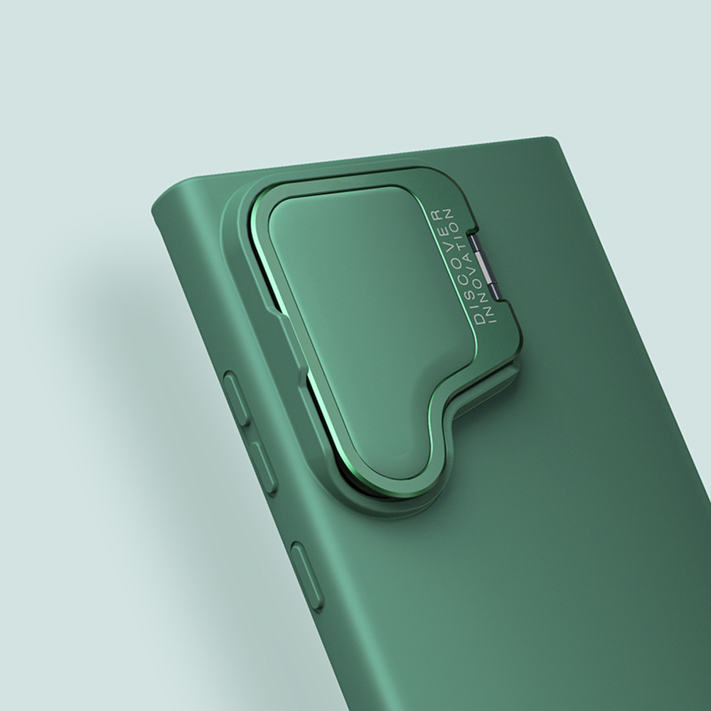 Чехол от Nillkin покрытый шелковистым силиконом зеленого цвета (Dark Green) для Samsung Galaxy S24 Ultra, серия CamShield Silky Prop Silicone Case (с металлической откидной крышкой)