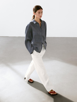 Massimo Dutti Брюки из 100% льна в полоску с пряжкой, белый