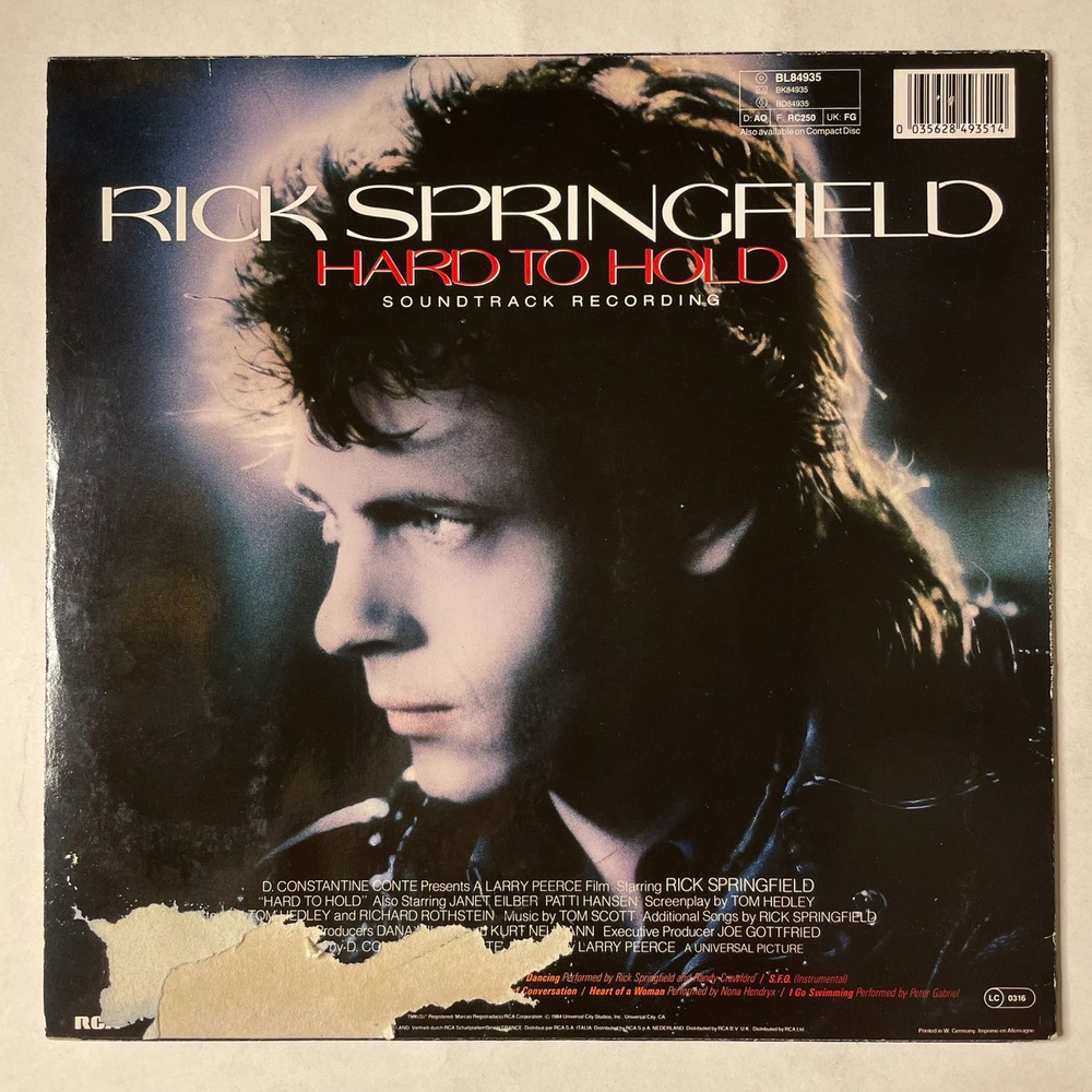 Винтажная виниловая пластинка LP Rick Springfield Hard To Hold Soundtrack Recording (Germany 1984)