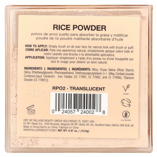 Palladio, Рисовый порошок, прозрачный RPO2, 13,5 г (0,47 унции)