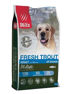 Корм для взрослых собак, Blitz Fresh Trout All Breeds Low Grain Holistic, со свежей форелью