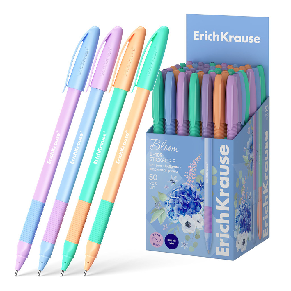 Ручка шар. ЕК ULTRA GLIDE CLASSIC STICK Grip Pastel Bloom U-109 синяя, 1мм.,непрозр.корпус