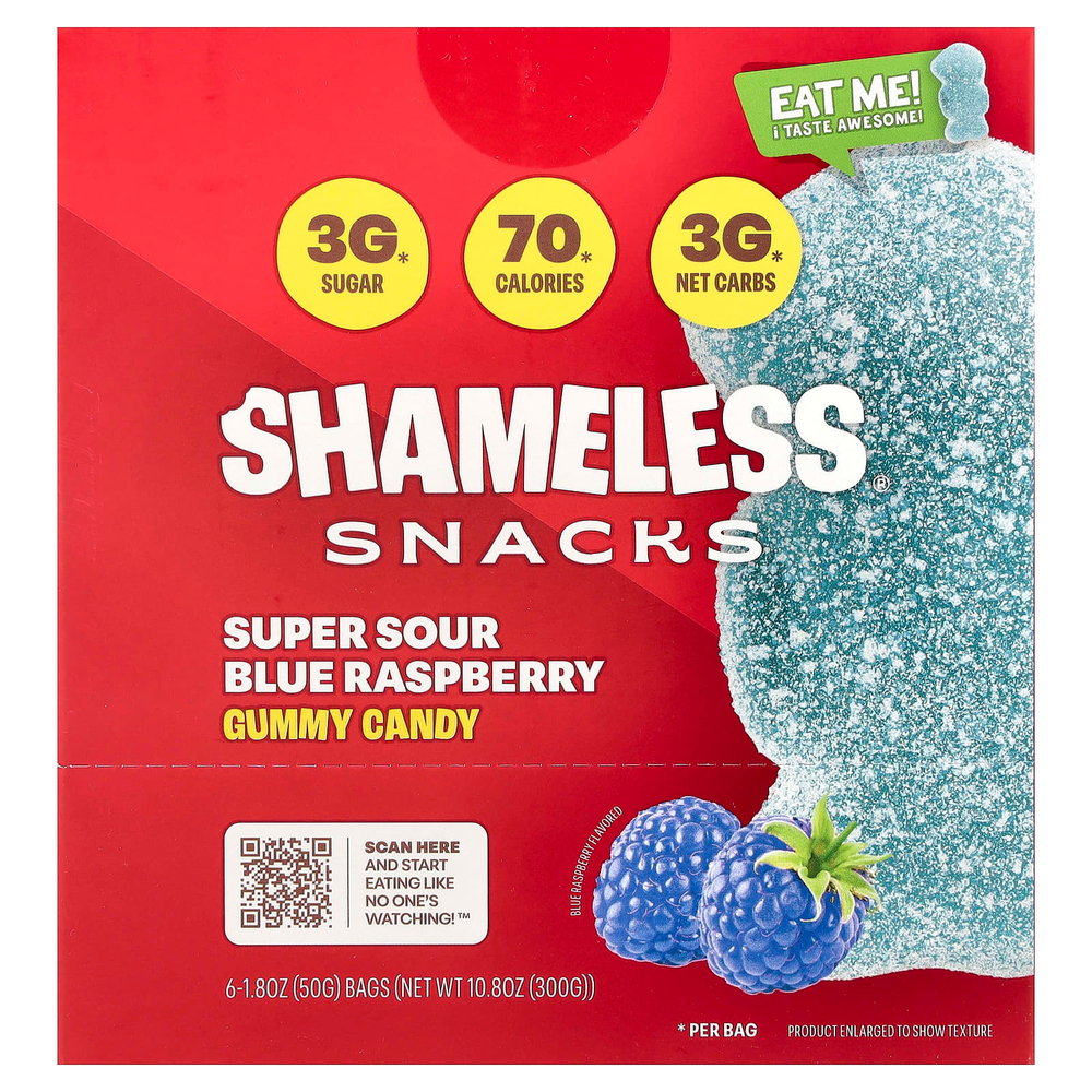 Shameless Snacks, Gummy Candy, кислая голубая малина, 6 пакетиков по 50 г (1,8 унции)