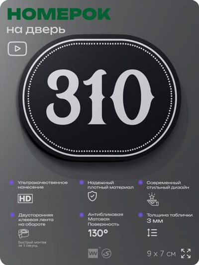 Номерок на дверь квартиры 310, для кабинета, офиса, шильдик 9 х 7 см, черный, Айдентика Технолоджи