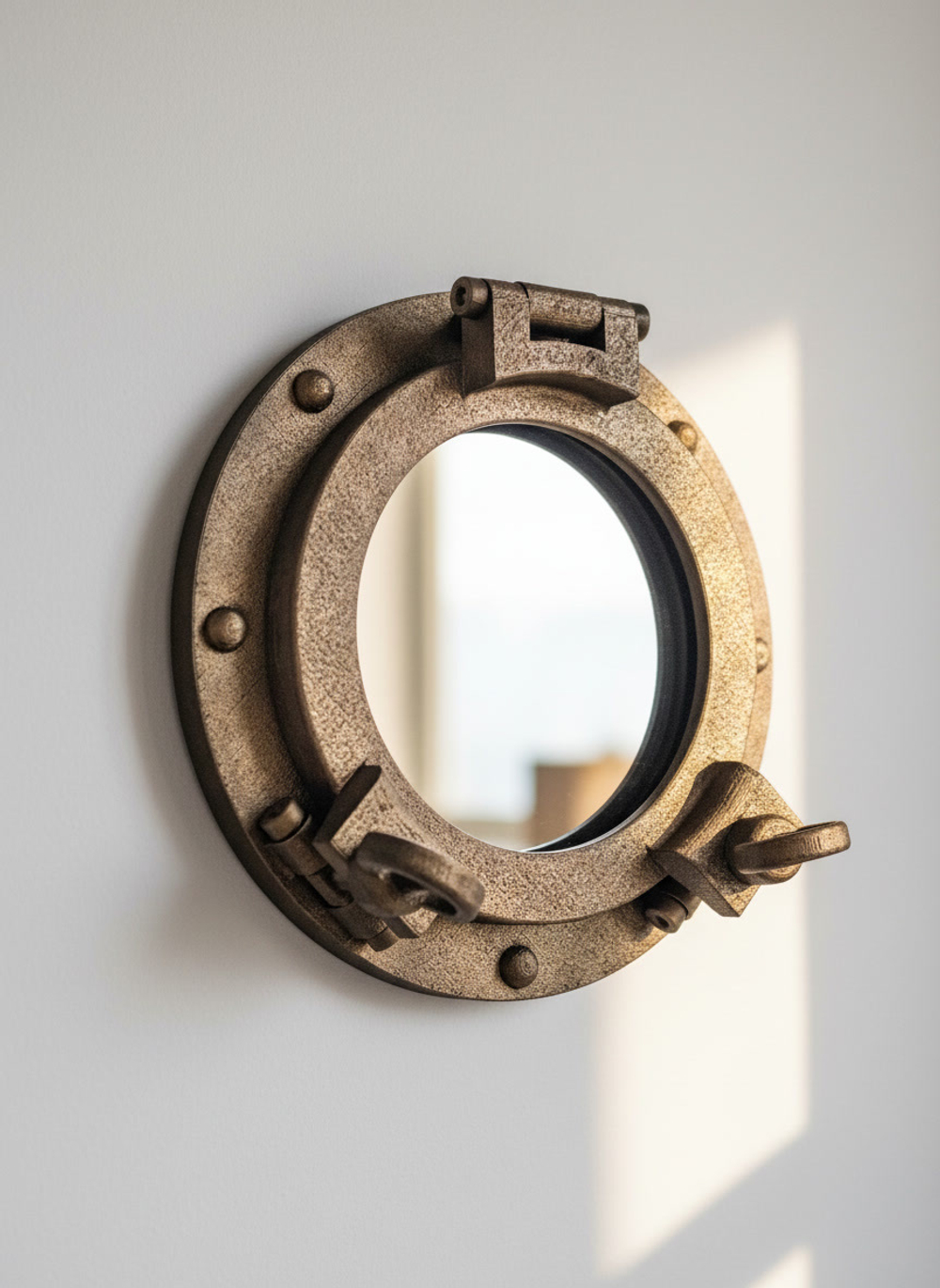 Настенное зеркало-иллюминатор WOODandROOT с латунной патиной в тёплом солнечном свете, морской декор и мягкая атмосфера интерьера.