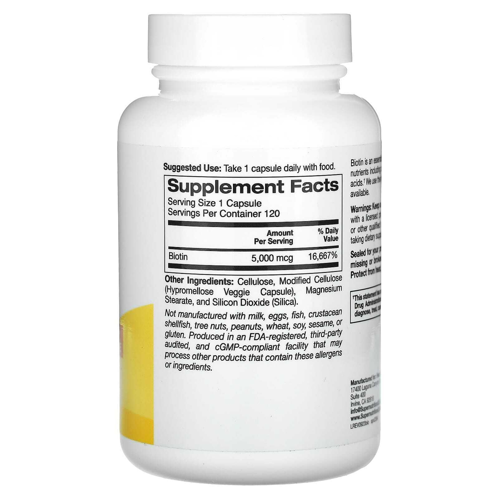Super Nutrition, биотин, 5000 мкг, 120 растительных капсул