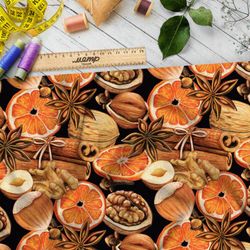 Ткань шелк Армани апельсины, корица и орехи на чёрном фоне