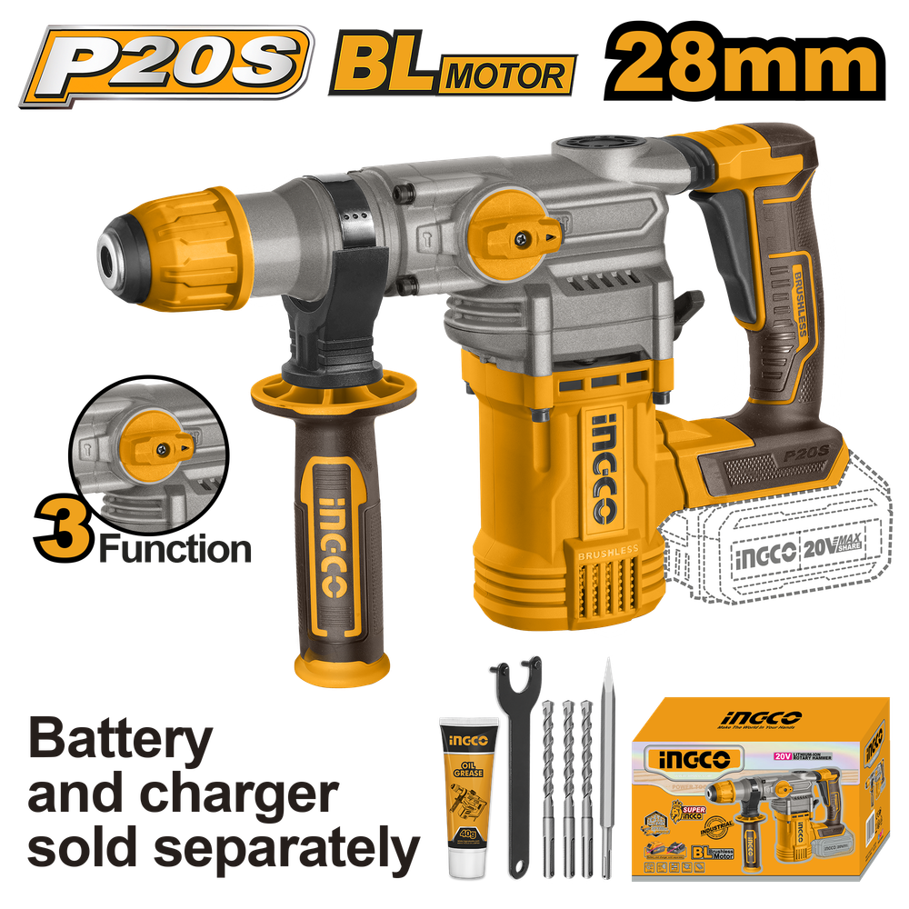 Аккумуляторный бесщеточный перфоратор SDS-Plus INGCO CRHLI20288 INDUSTRIAL 20 В 4,5 Дж