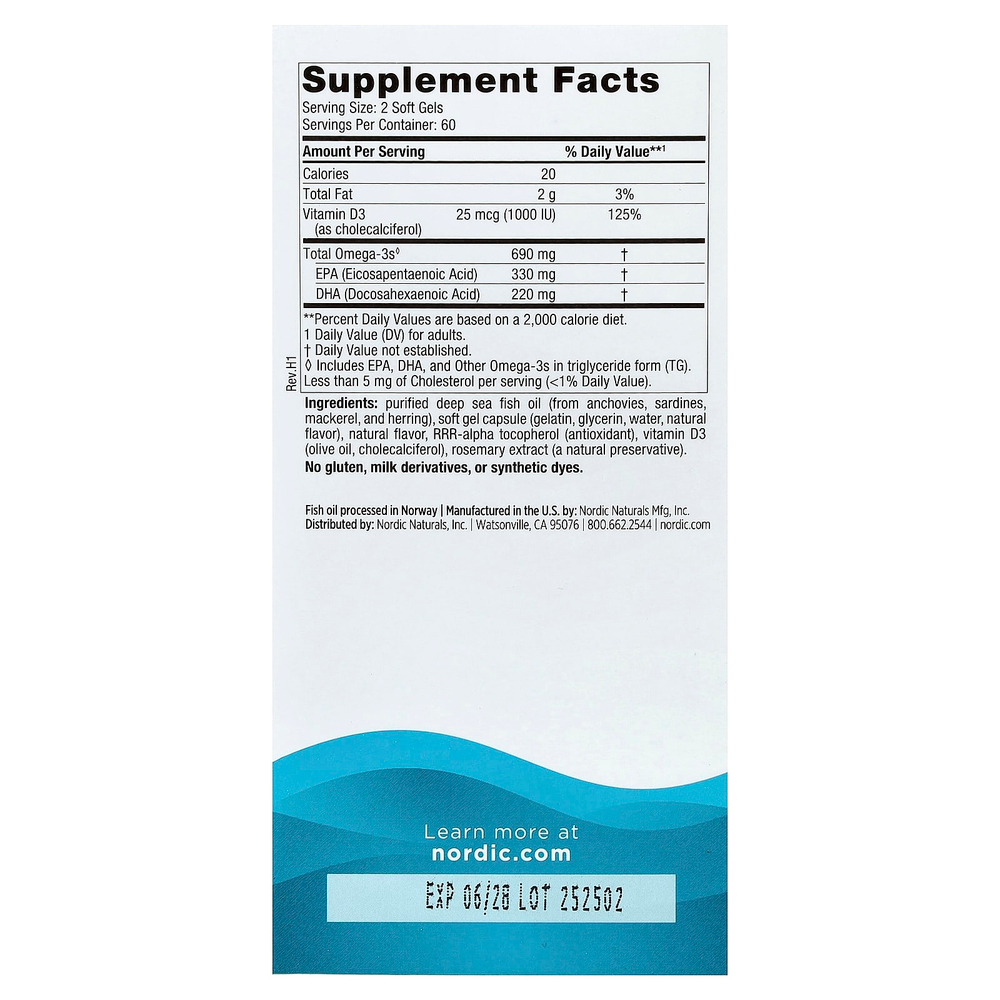 Nordic Naturals, Omega-3D™, омега-3 с витамином D, с лимонным вкусом, 120 капсул