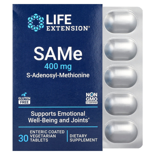 Life Extension, SAMe, S-аденозилметионин, 400 мг, 30 вегетарианских таблеток, покрытых кишечнорастворимой оболочкой