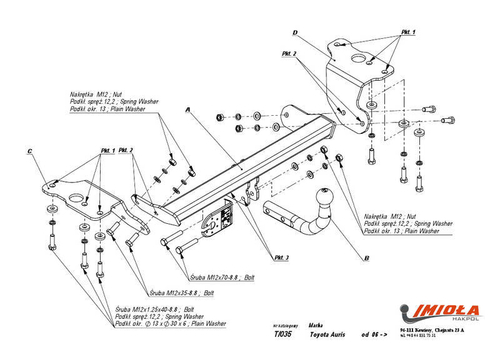 Фаркоп IMIOLA T.035 Toyota Auris хетчбек 3/5 дверей 2006-2010(паспорт и сертификат в комплекте)(без электрики)