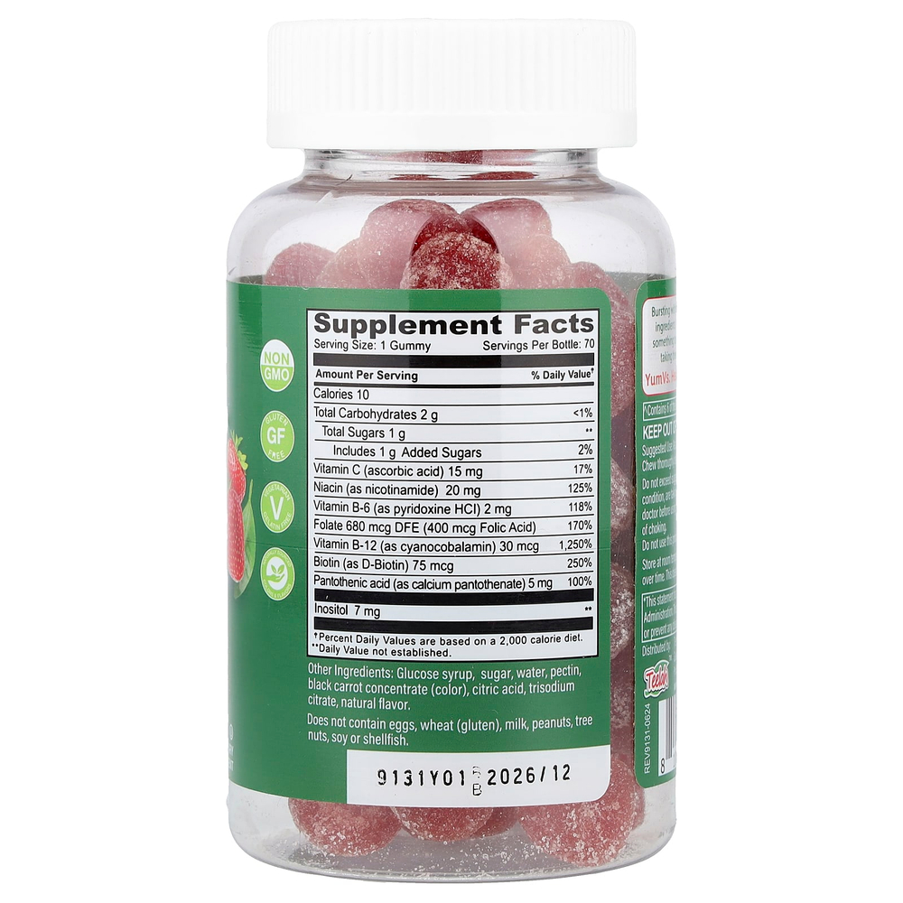 YumVs, комплекс витаминов группы B с витамином C в жевательных таблетках, со вкусом клубники, 70 жевательных таблеток