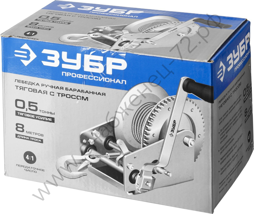 ЗУБР 0.5 т, 8 м, ручная барабанная тяговая тросовая лебедка, Профессионал (43113-0.5)