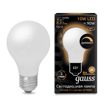Лампа Gauss LED Filament A60 OPAL dimmable E27 10W 2700К 102202110-D