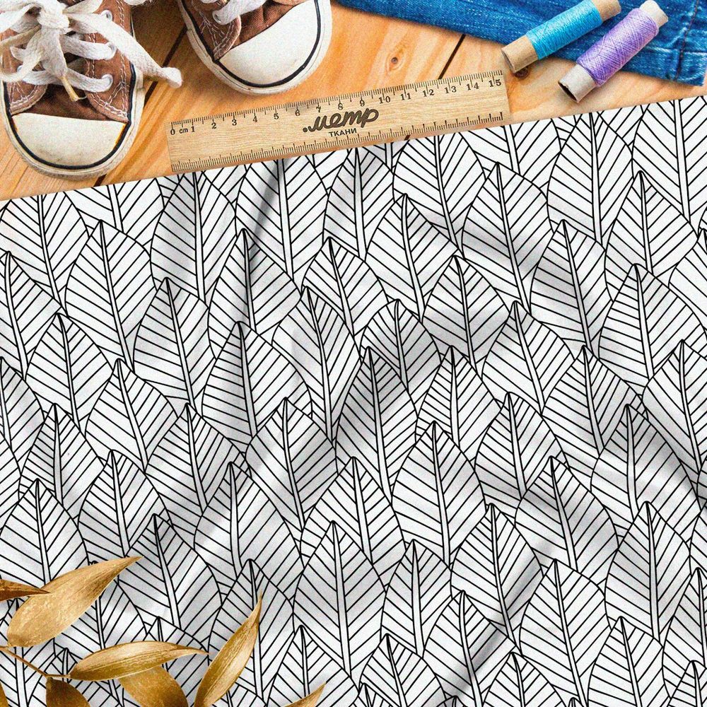 Ткань шифон плотный рисунок чёрно-белых листьев