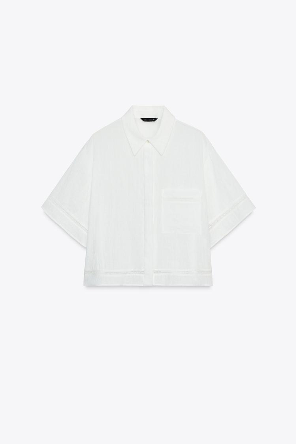 ZARA РУБАШКА С КОРОТКИМИ РУКАВАМИ И ДЕКОРАТИВНОЙ СТРОЧКОЙ, ЖЕЛТОВАТО-БЕЛЫЙ