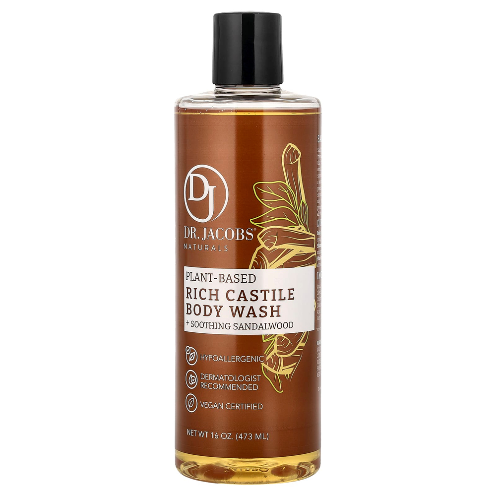 Dr. Jacobs Naturals, Насыщенный гель для душа из кастильского дерева на растительной основе, успокаивающее сандаловое дерево, 473 мл (16 унций)