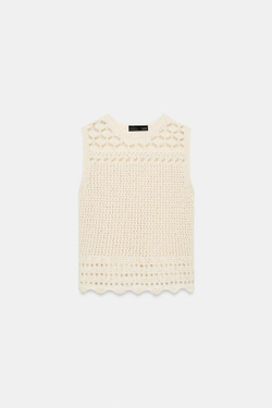 ZARA ТОП ИЗ ТРИКОТАЖА POINTELLE, ЭКРЮ