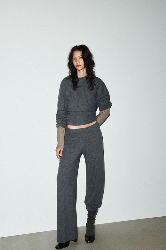 ZARA ШИРОКИЕ БРЮКИ ИЗ МЯГКОЙ ТКАНИ, СЕРЫЙ МЕЛАНЖ