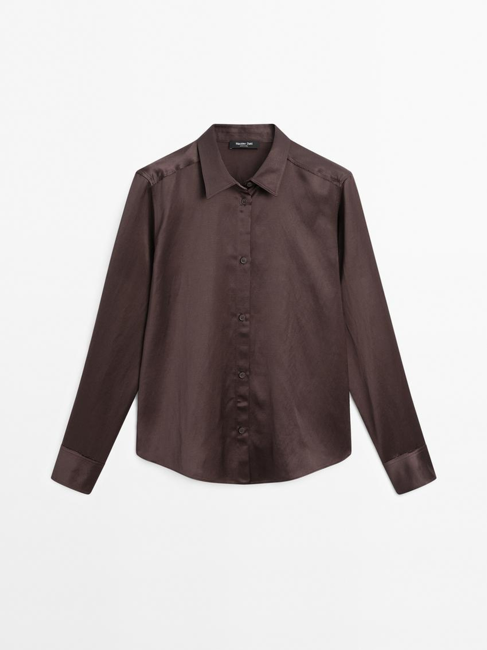 Massimo Dutti Атласная рубашка свободного кроя с длинными рукавами, гранатовый