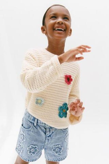 ZARA ТРИКОТАЖНЫЙ ДЖЕМПЕР С ЦВЕТАМИ, ЭКРЮ