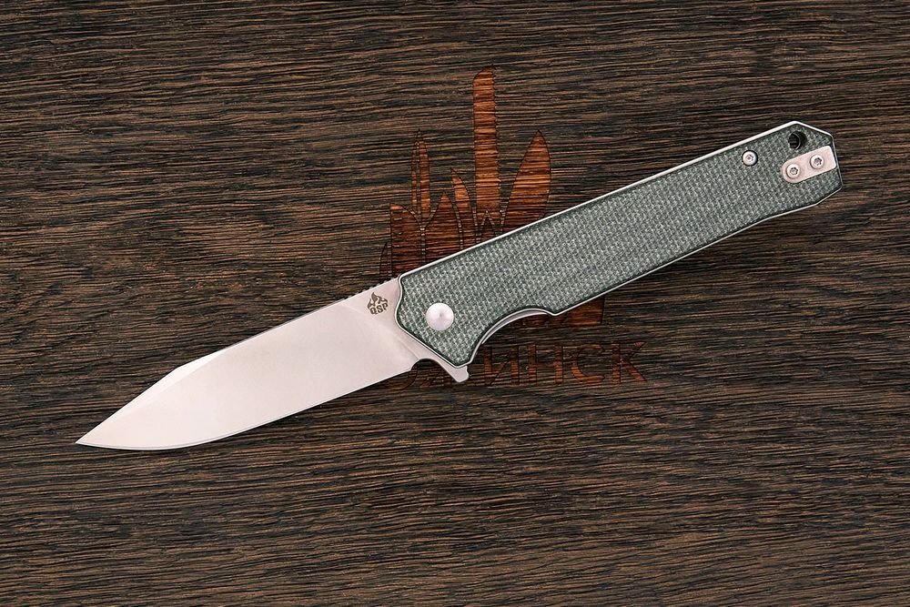 Нож складной QSP Mamba V2, клинок 88мм, сталь D2, рукоять микарта сера-зелёная