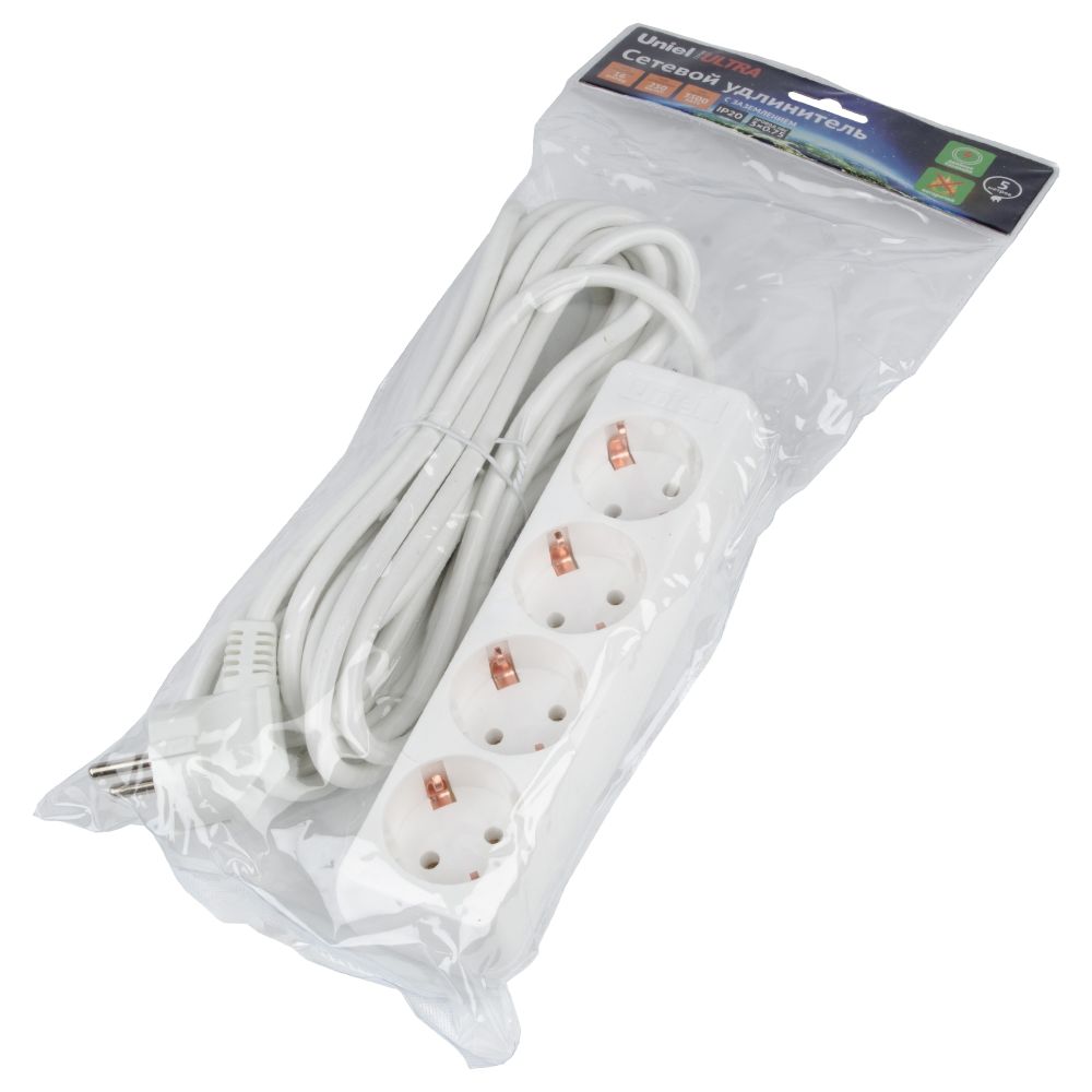 S-GCU4-5 WHITE Удлинитель серии Ultra. шнур 5м.. 4 гнезда. 16A. с-з. Белый. TM Uniel