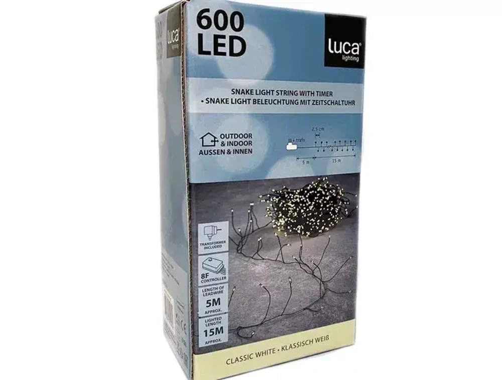 Гирлянда Капли 600 белых микро ламп, 1500 см., 8 функций, таймер, зеленый провод, Luca (84638)