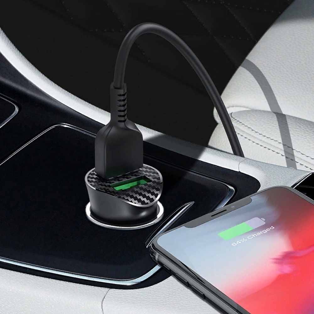 Разделитель автомобильный Hoco Z39 Farsighted dual port QC3.0 Car charger с кабелем Lightning (2USB: 3.6V-6.5V &amp; 3A 18W) Черный