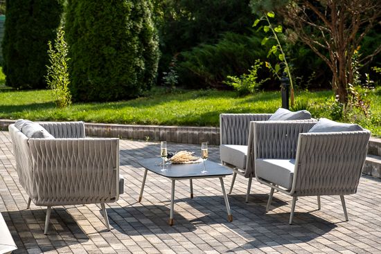 "Монако" лаунж-зона 4-местная из роупа со столом "Верона" (серый гранит), каркас светло-серый, роуп светло-серый