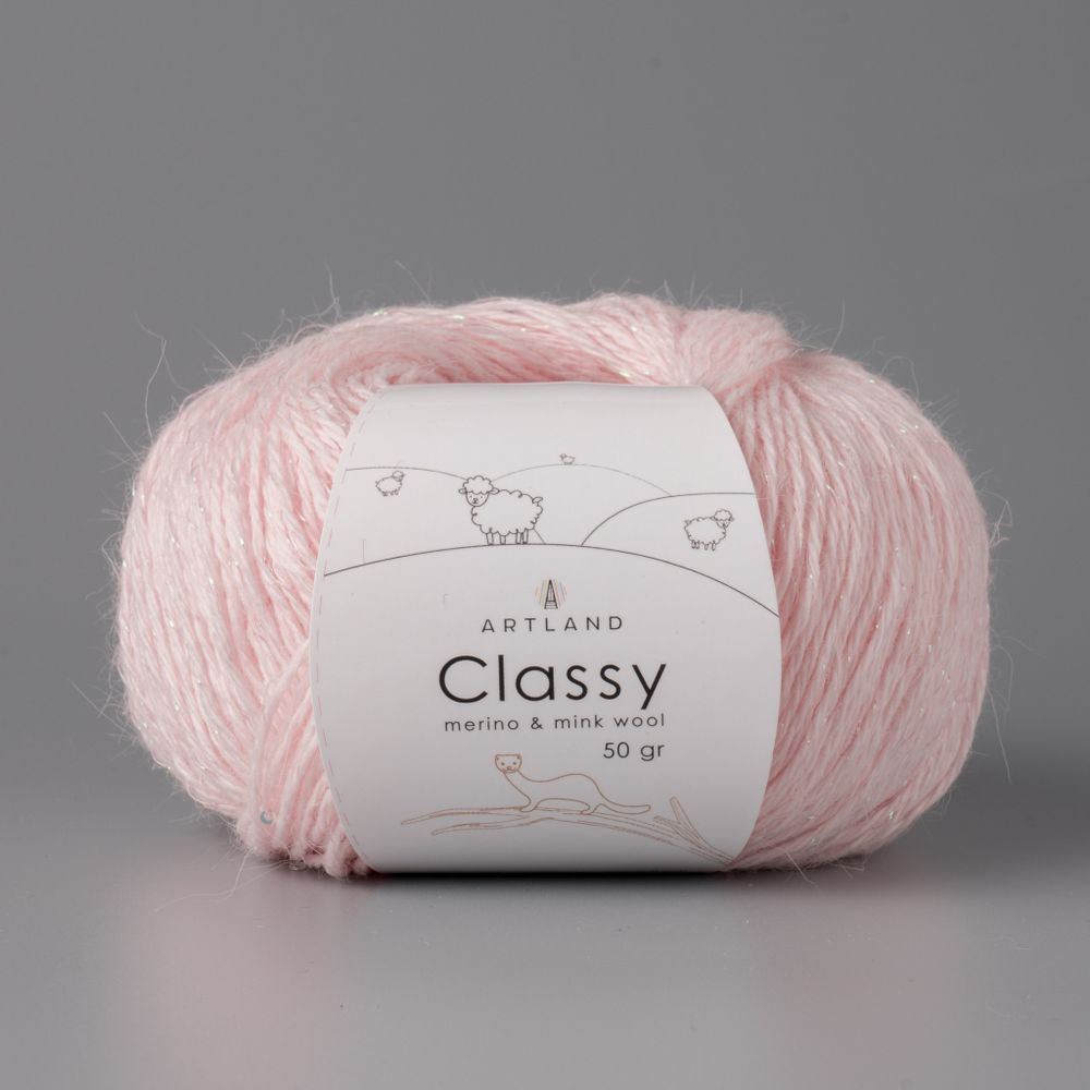 Classy, пряжа с люрексом и пайетками, шелк-5%, мериносовая шерсть-20%, нейлон-30%, норка-45%, 50 гр, 240 м, нежно-розовый