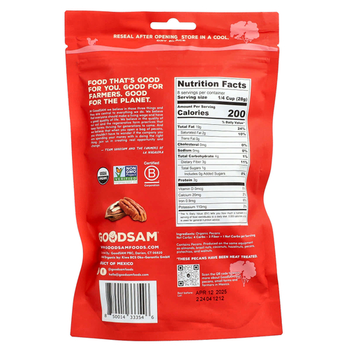 GoodSam PBC, органические половинки пекана, необработанный и несоленый, 227 г (8 унций)