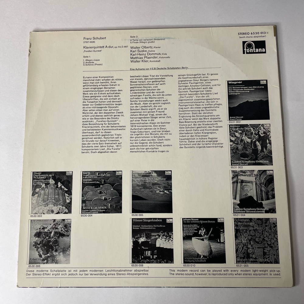 Винтажная виниловая пластинка LP Schubert Шуберт Walter Olbertz, Karl Suske, Schubert Forellen Quintett Berliner Streichquartett (Нидерланды 1972)