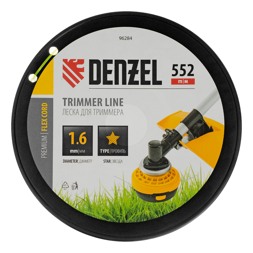 Леска для триммера звезда, 1,6мм х 552м, на DIN катушке FLEX CORD,  Denzel