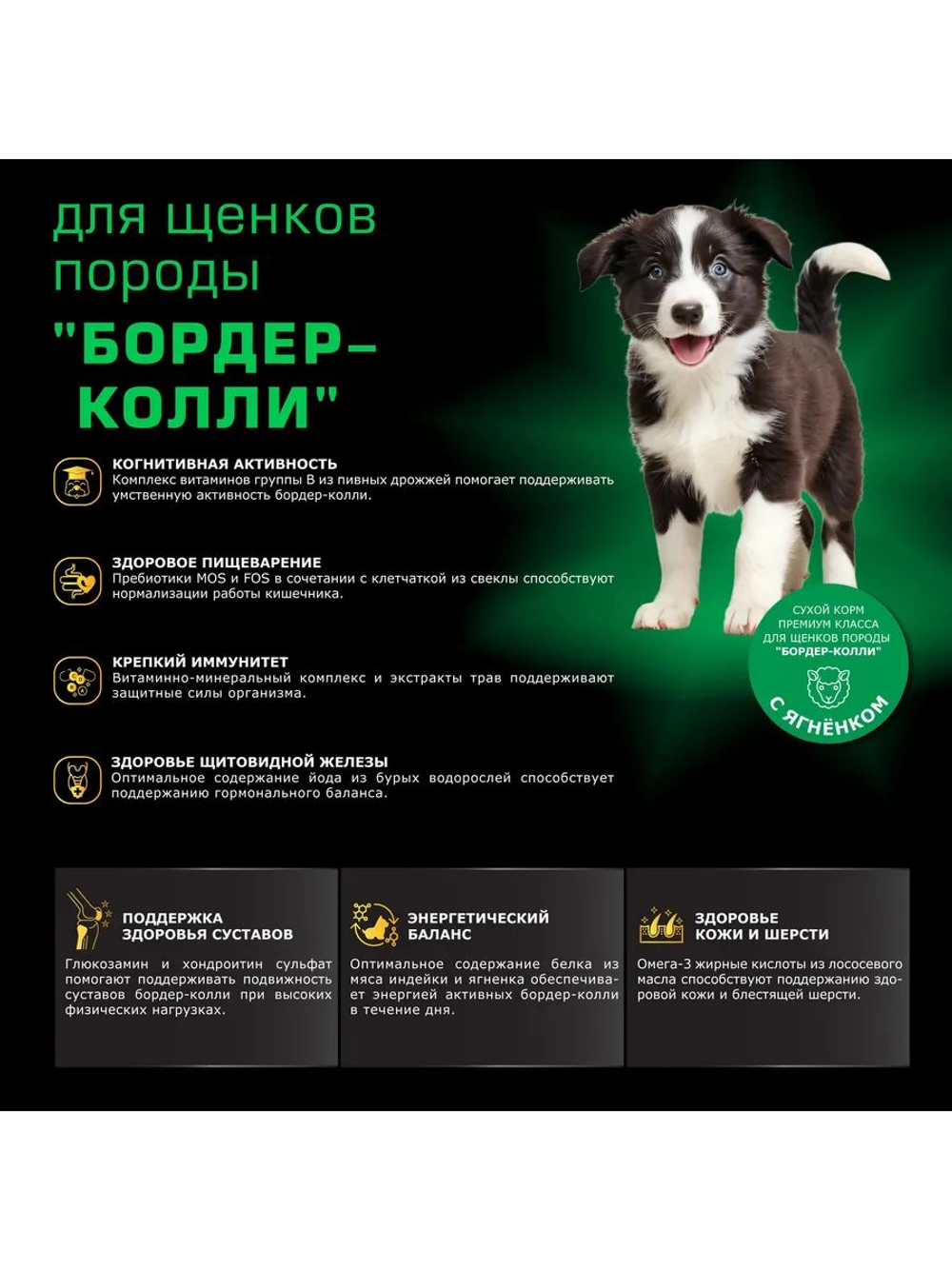 Корм сухой для щенков породы Бордер-колли, премиум полнорационный комплекс, с ягненком, 2,5 кг, QUATTRO
