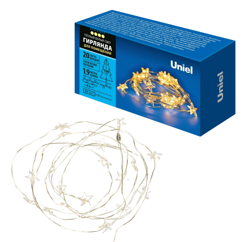 ULD-S1900-020/STB/2AA WARM WHITE IP20 STARS MINI Гирлянда светодиодная на батарейках 2AA (не в/к), «Звездочки мини», 1,9м. 20 светодиодов. Теплый белы