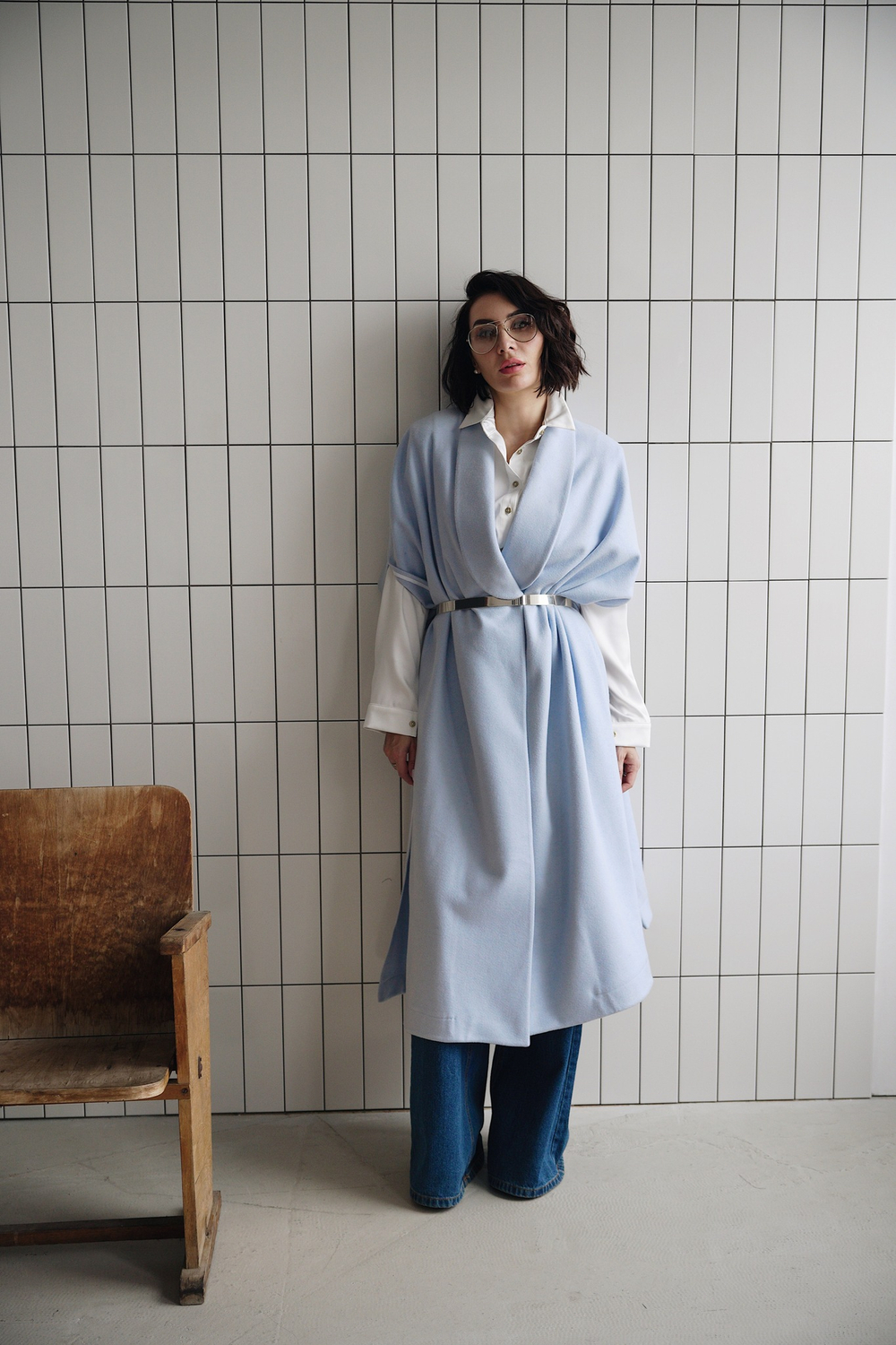 Пончо макси голубая шерсть