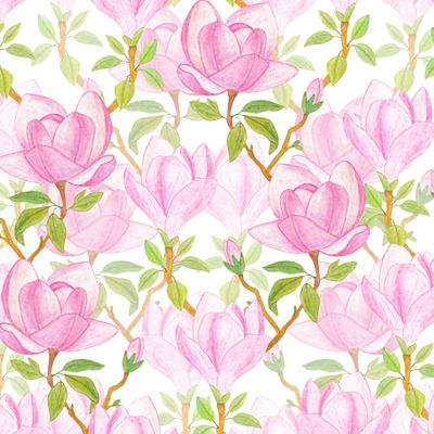 Magnolia flowers seamless watercolor pattern.