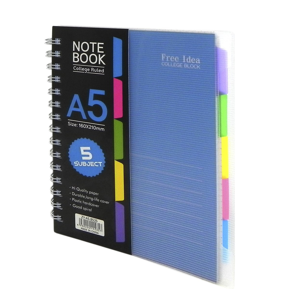 Тетрадь 120л., А5, клетка, Alingar "Free Idea", гребень, пластиковая обложка, цветные пластиковые разделители, ассорти 4 цвета