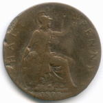 1/2 пенни 1899 год. Великобритания. Виктория. Бронза, диаметр 25,5 мм. G