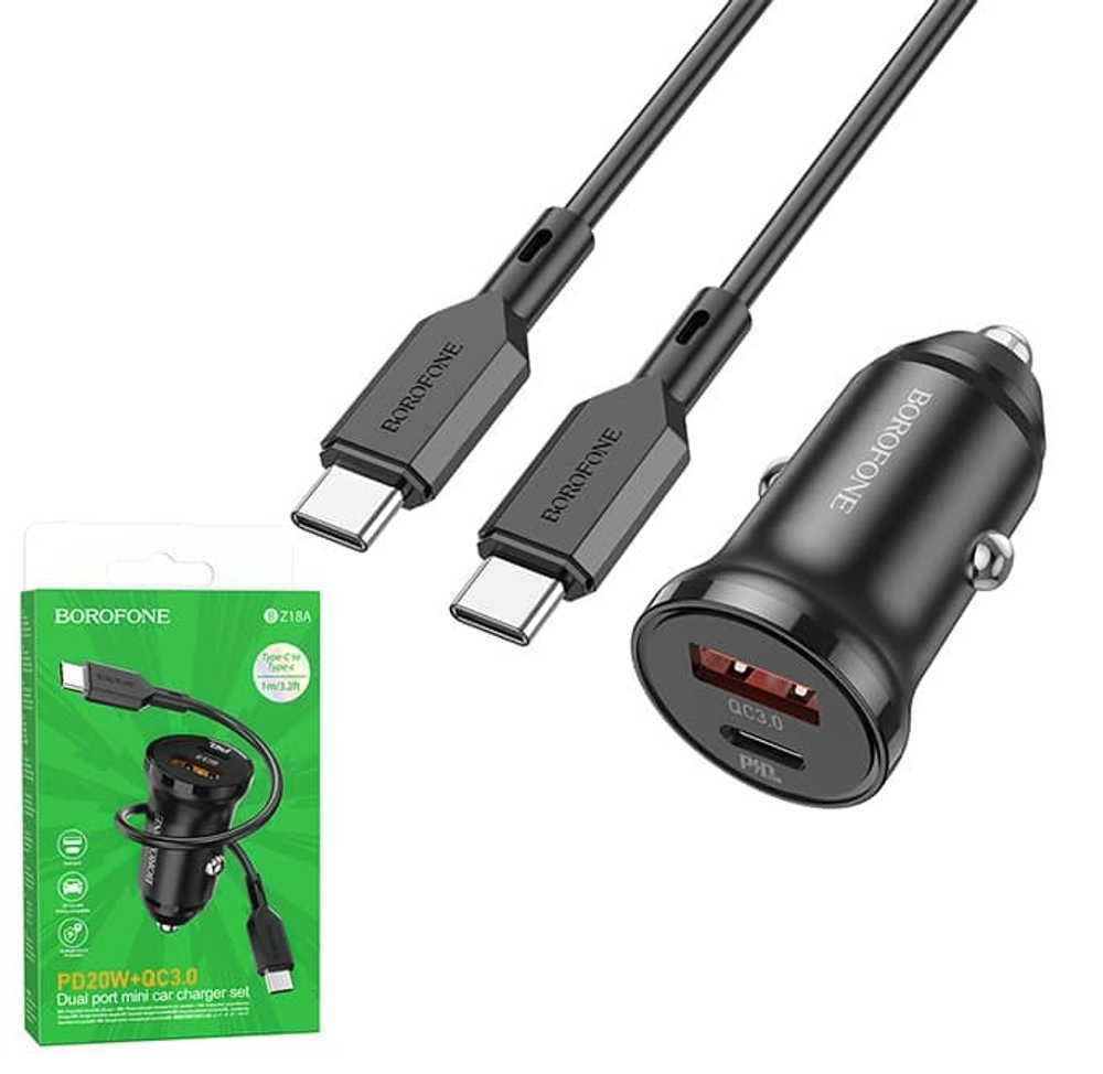 Автомобильный адаптер питания BOROFONE BZ18A PD 20W+QC 3.0 + кабель Type-C - Type-C (черный)