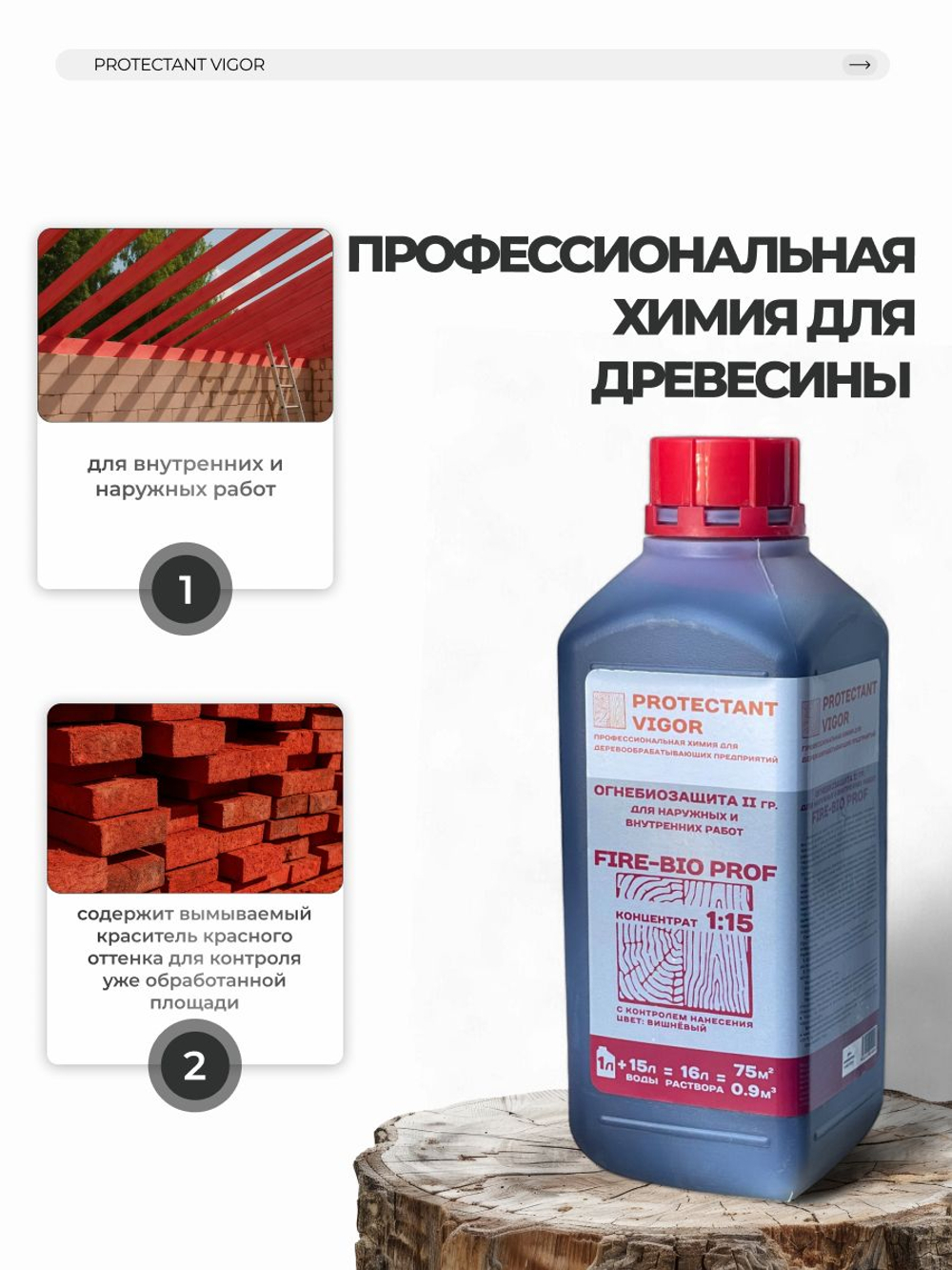 PROTECTANT Vigor FIRE-BIO PROF Огнебиозащита II гр Концентрат 1:15 с конролем нанесения (1 л)