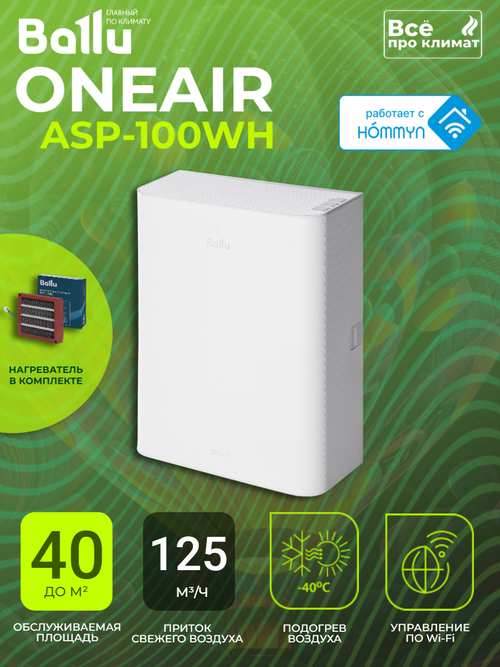 Бризер - очиститель воздуха приточный Ballu ASP-100WH с нагревательным элементом PTC-1000