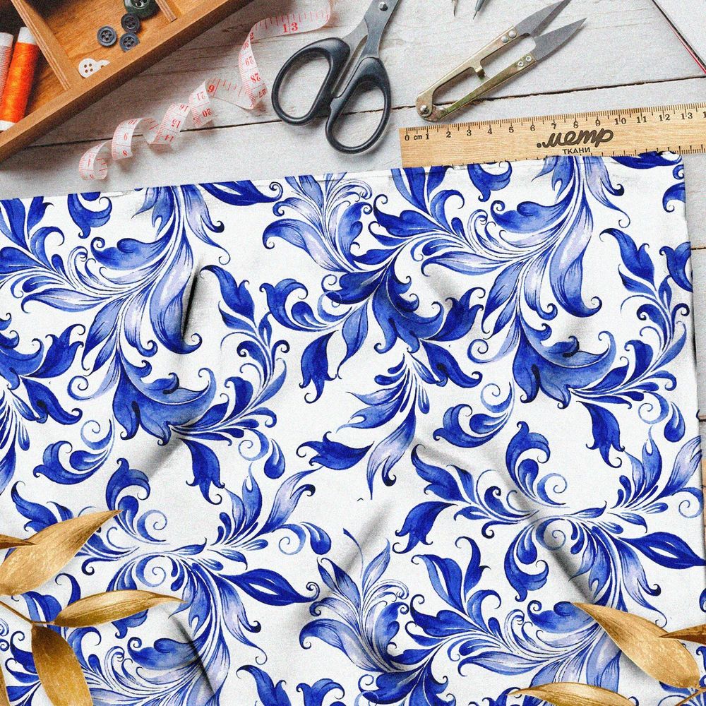 Ткань дюспо изящные узоры росписью гжель