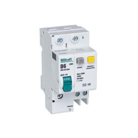 Выключатель автоматический дифференциального тока 2п (1P+N) D 6А 300мА тип AC ДИФ-101 со встроен. защит. от сверхтоков DEKraft 15245DEK